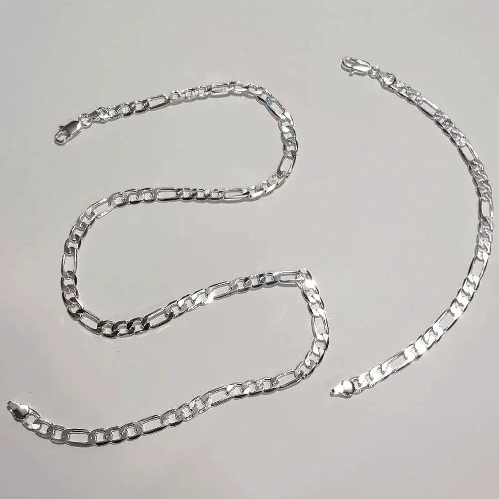 Genuine 925 Silver Necklace & Bracelet Set 6mm Figaro Vintage Fashion Gift NEW!!